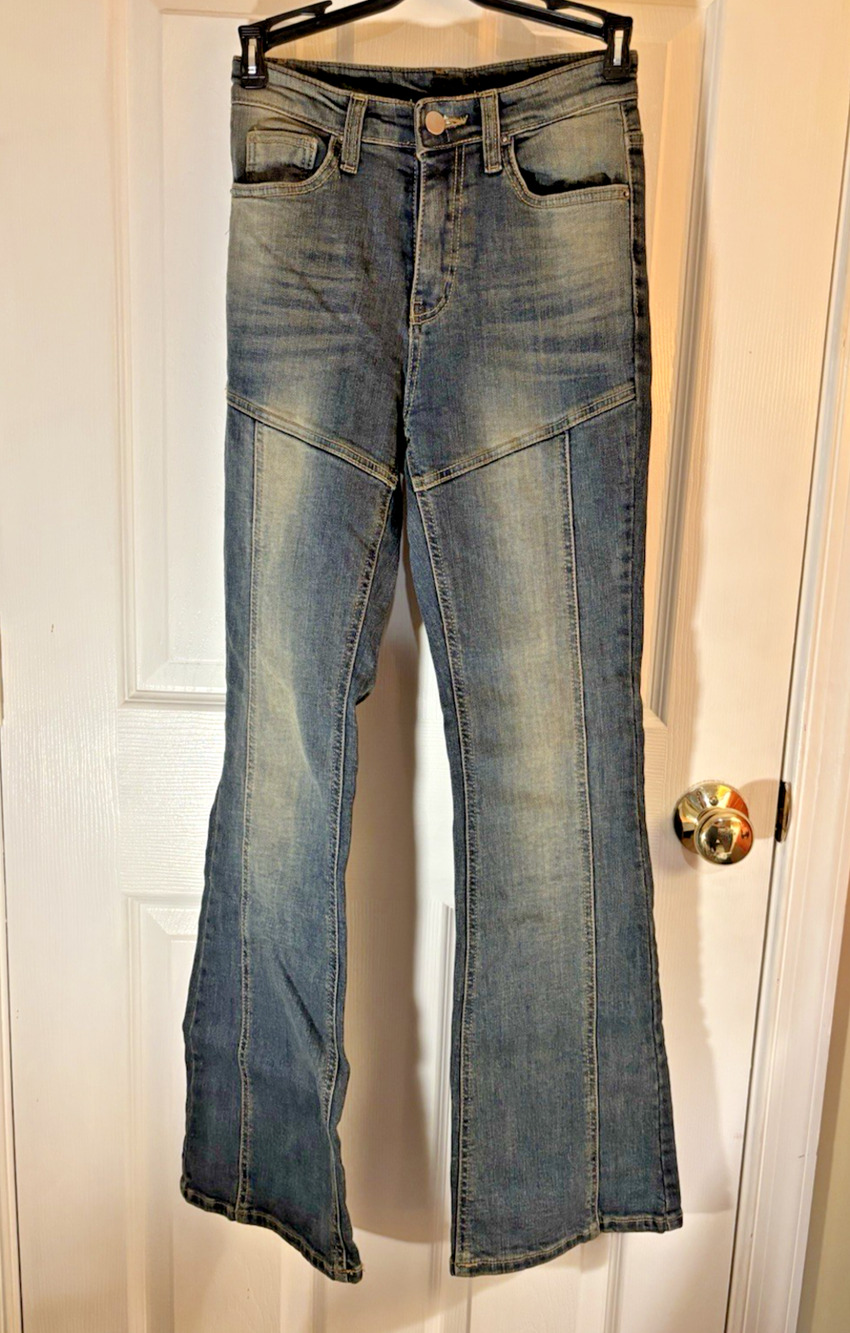 ODE Women's Blue Flared Denim Jeans, Solid, 5-Pocket Design, Button Closure S
